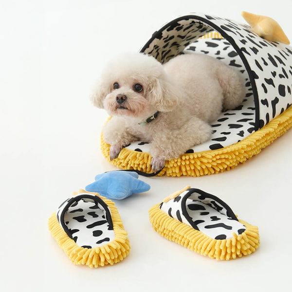 Cow-Print Plush Pet Bed & Matching Slippers Set