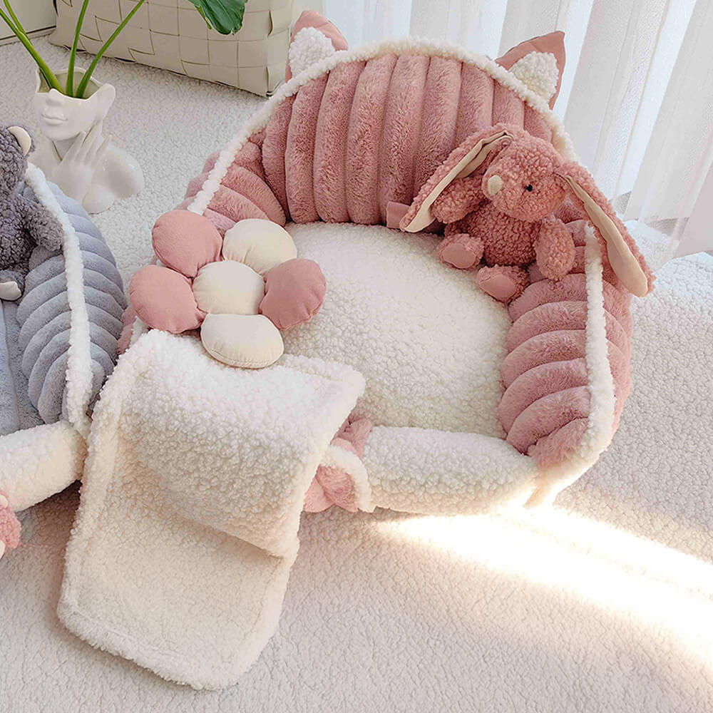 Cream Pink Fluffy Cozy Washable Dog & Cat Sofa Bed