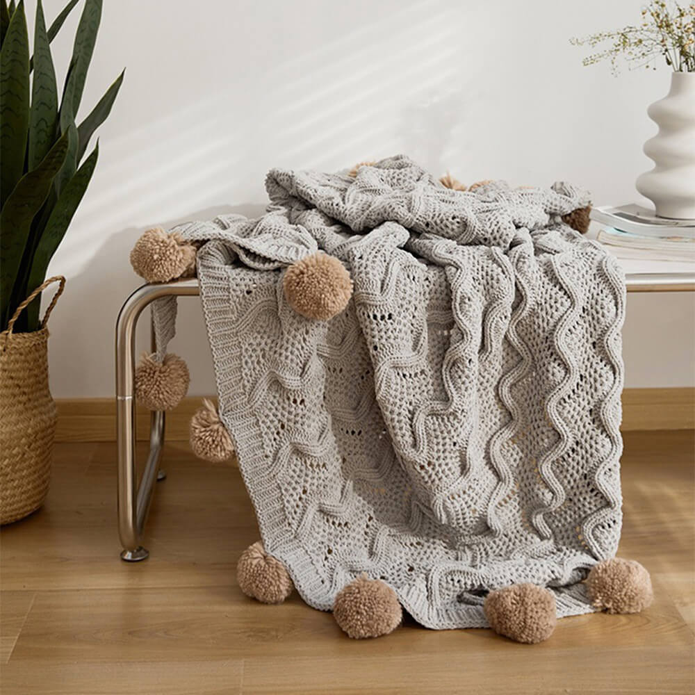 Nordic Style Chenille Pom Pom Cozy Throw Blanket with Pillowcase