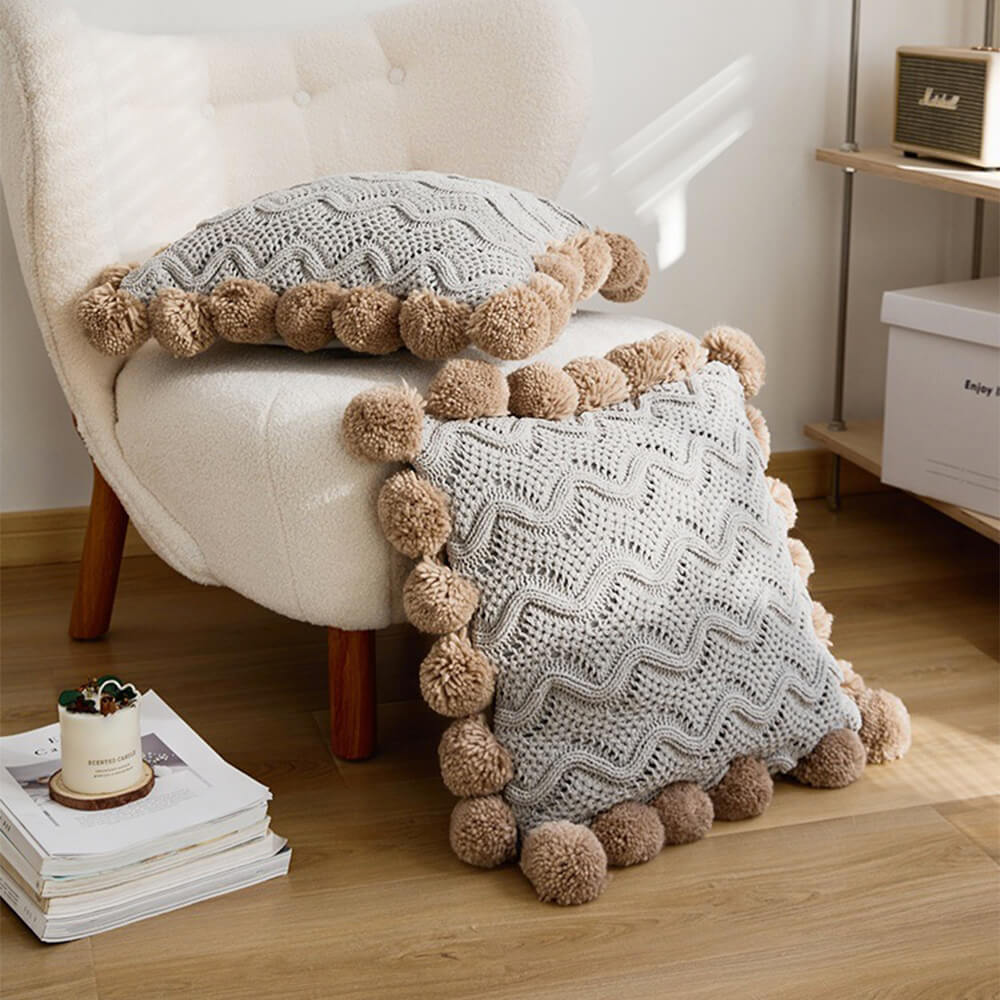 Nordic Style Chenille Pom Pom Cozy Throw Blanket with Pillowcase