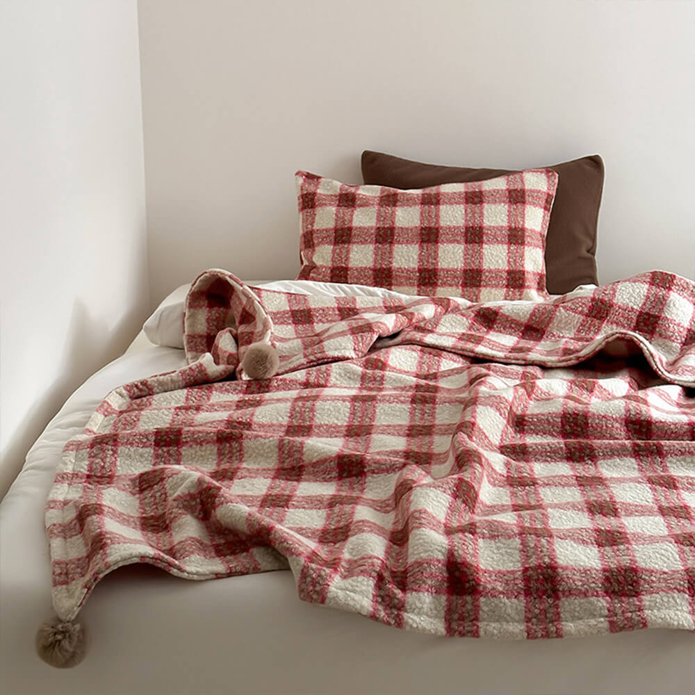 Refined Plaid Faux Lambswool Pom-Pom Home Throw Blanket