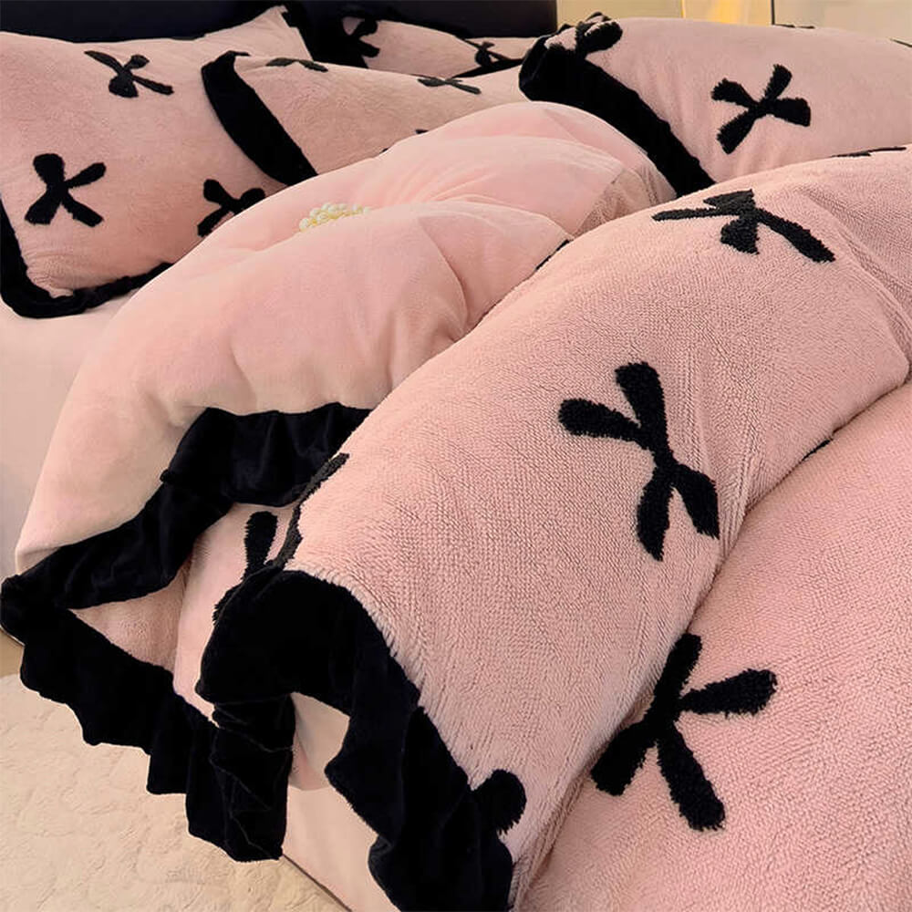 Romantic Bow knot Anti-Static Warm Milk Velvet Bed Sheet Set