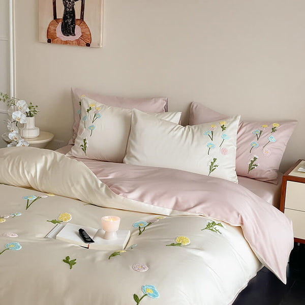 Romantic Floral Embroidered Brushed Cotton Duvet Cover Bed Sheet Set