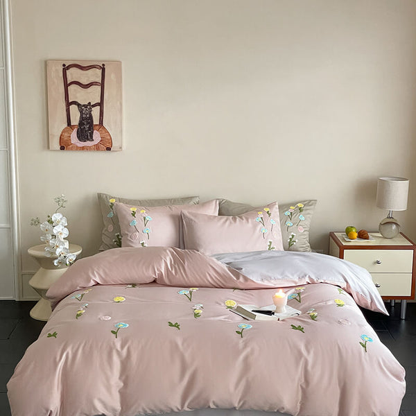 Romantic Floral Embroidered Brushed Cotton Duvet Cover Bed Sheet Set