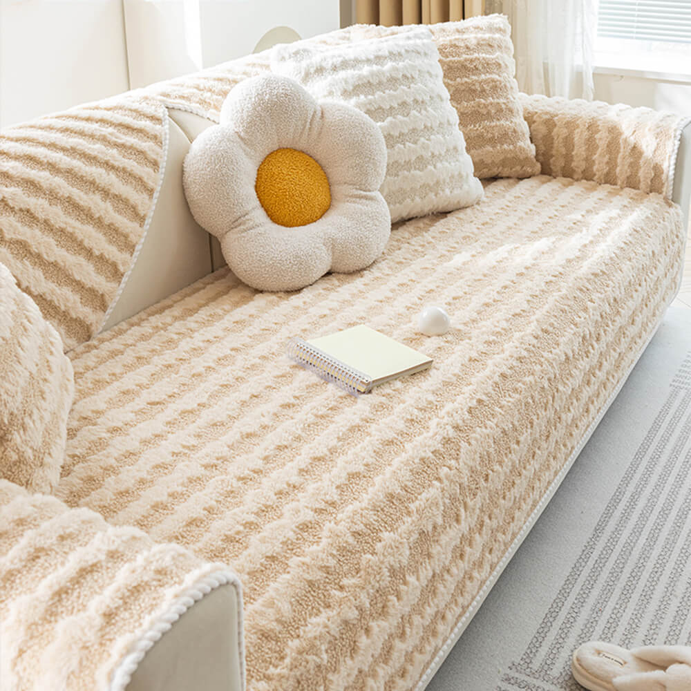 Textured Rabbit Plush Thick Warm Non-Slip Couch Cover