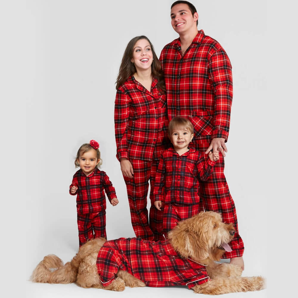 Christmas Red Checkered Full-Body Skin-Friendly Matching Pajamas for Dog and Owner