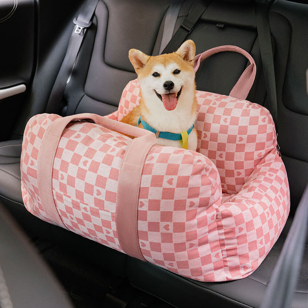 Cama de assento de carro para cachorro xadrez coração vintage