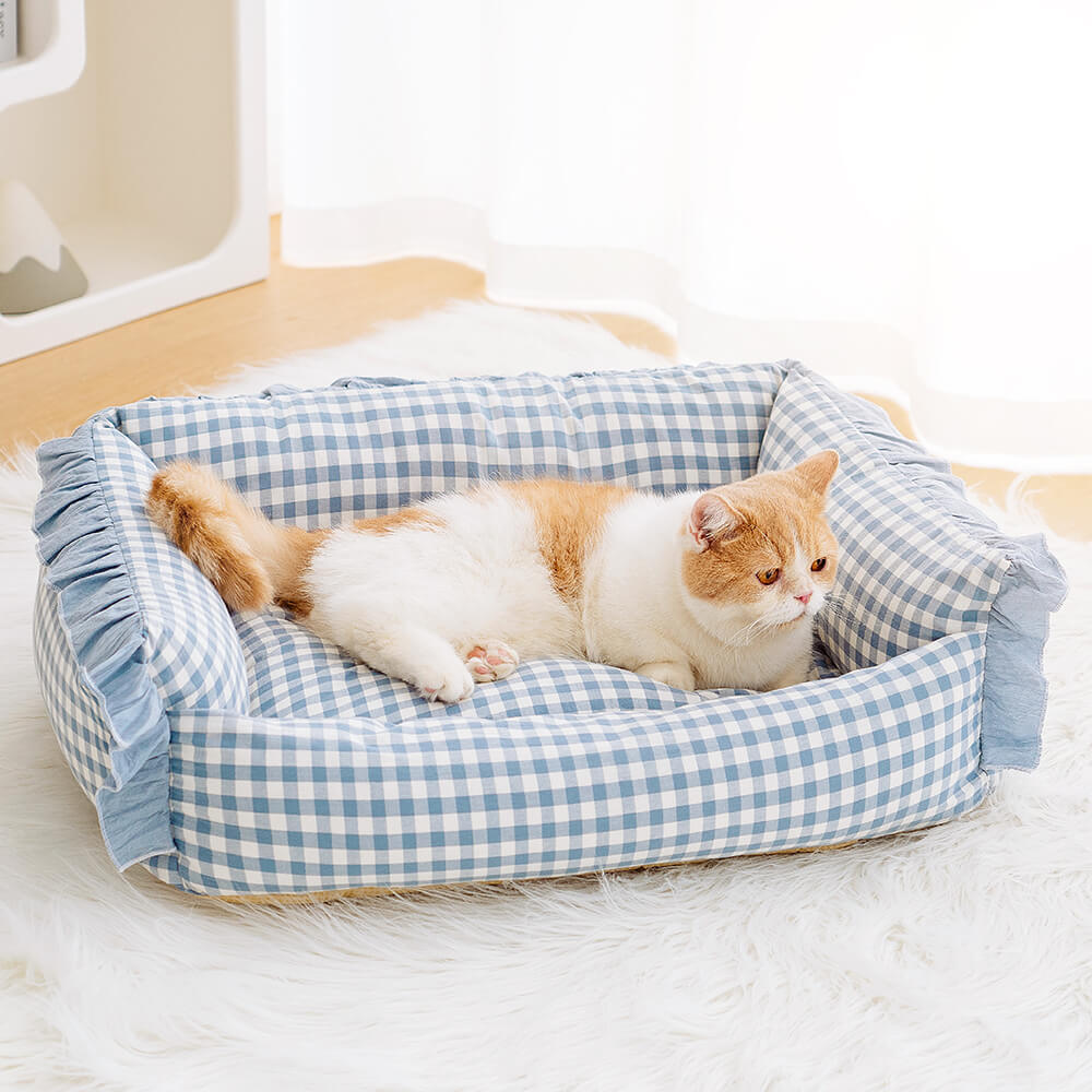 Cama quente destacável para cães e gatos com babados da moda