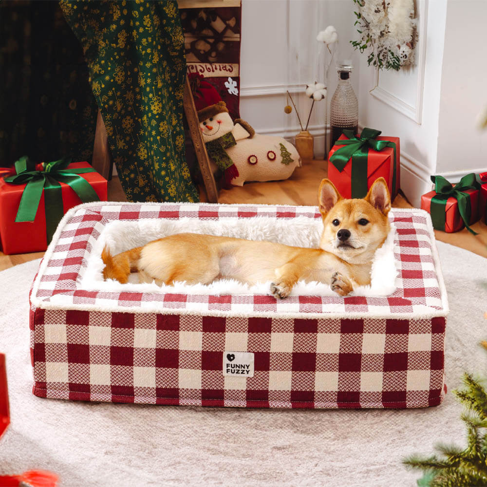 Cama festiva clássica tartan aconchegante para cães anti-ansiedade calmante