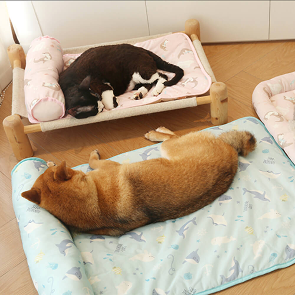 Ocean Series Ice Silk Breathable Cooling Dog Mat with Pillow