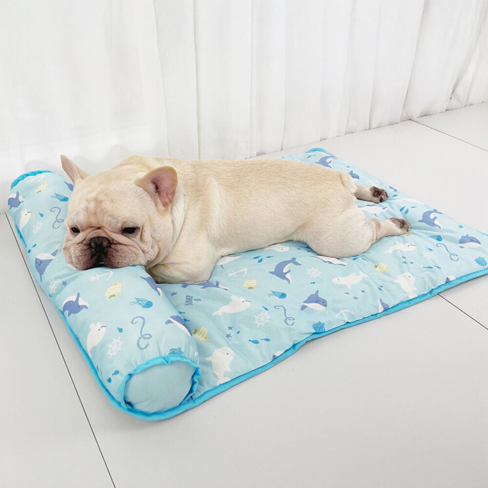 Ocean Series Ice Silk Breathable Cooling Dog Mat with Pillow