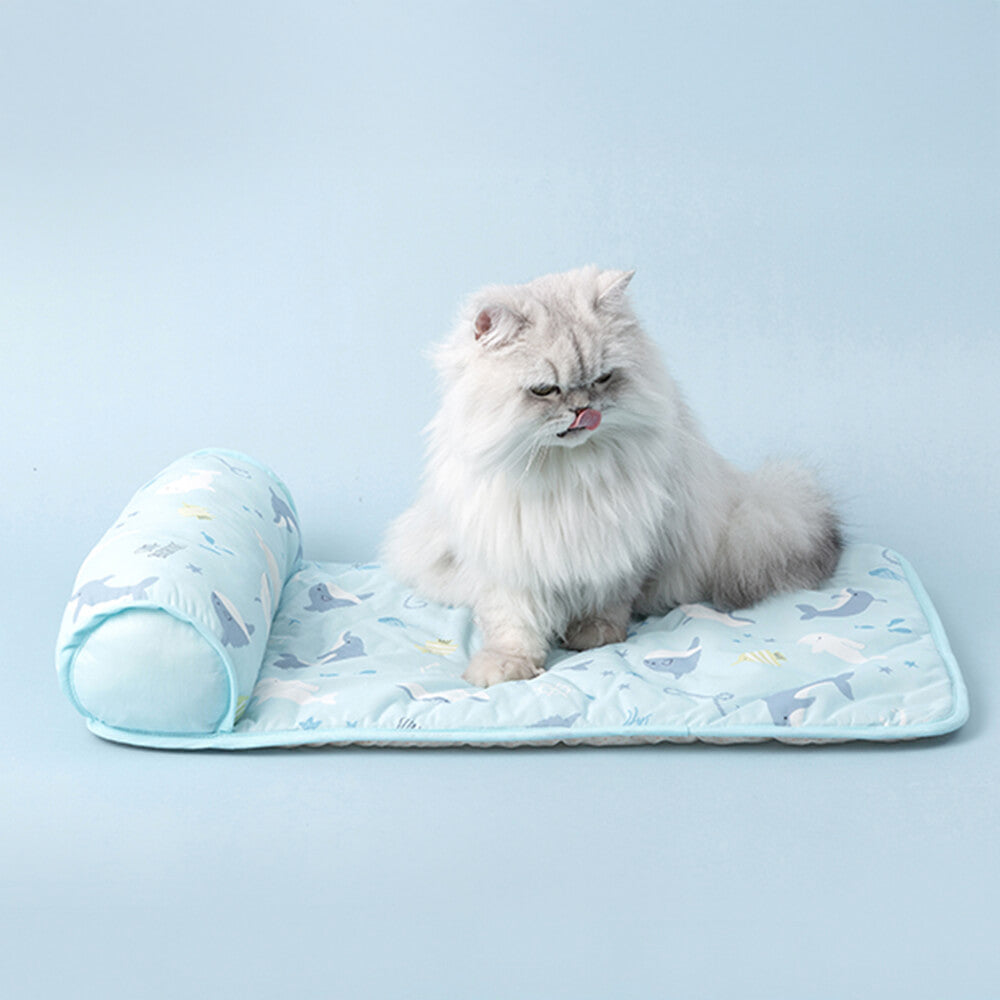 Ocean Series Ice Silk Breathable Cooling Dog Mat with Pillow