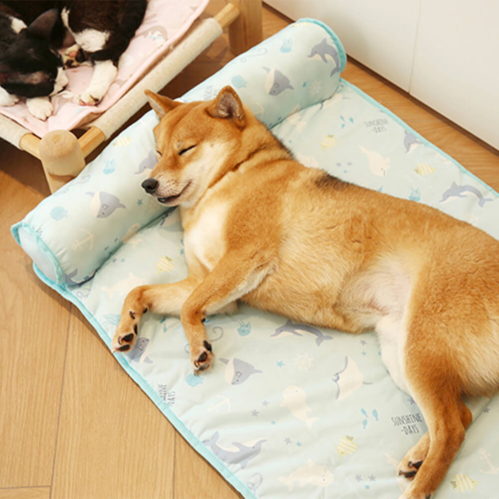 Ocean Series Ice Silk Breathable Cooling Dog Mat with Pillow