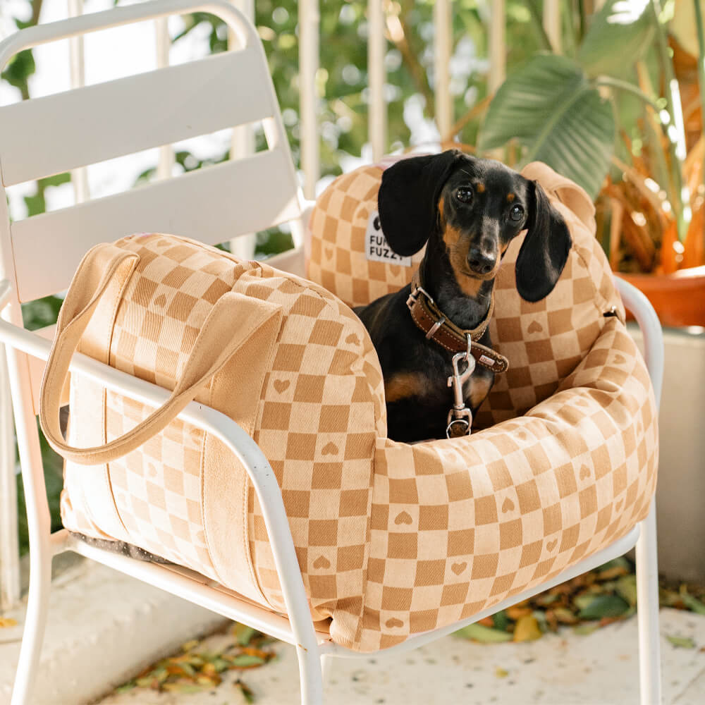 Cama de assento de carro para cachorro xadrez coração vintage