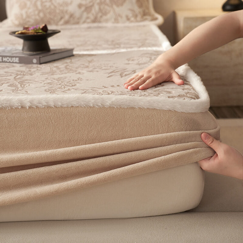 Gentle Carved Floral Cozy Milk Velvet Mattress Protector Fitted Sheet