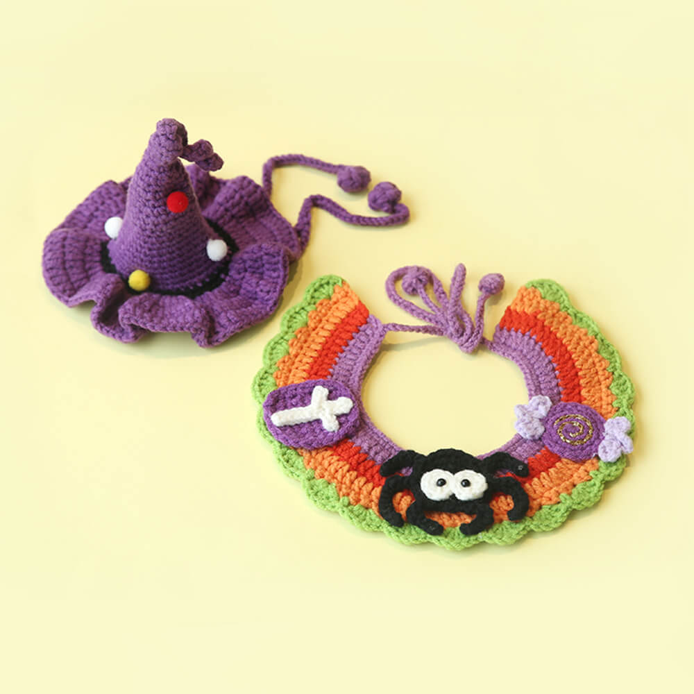 Halloween Pet Costume Handmade Knitted Pumpkin Collar and Witch Hat