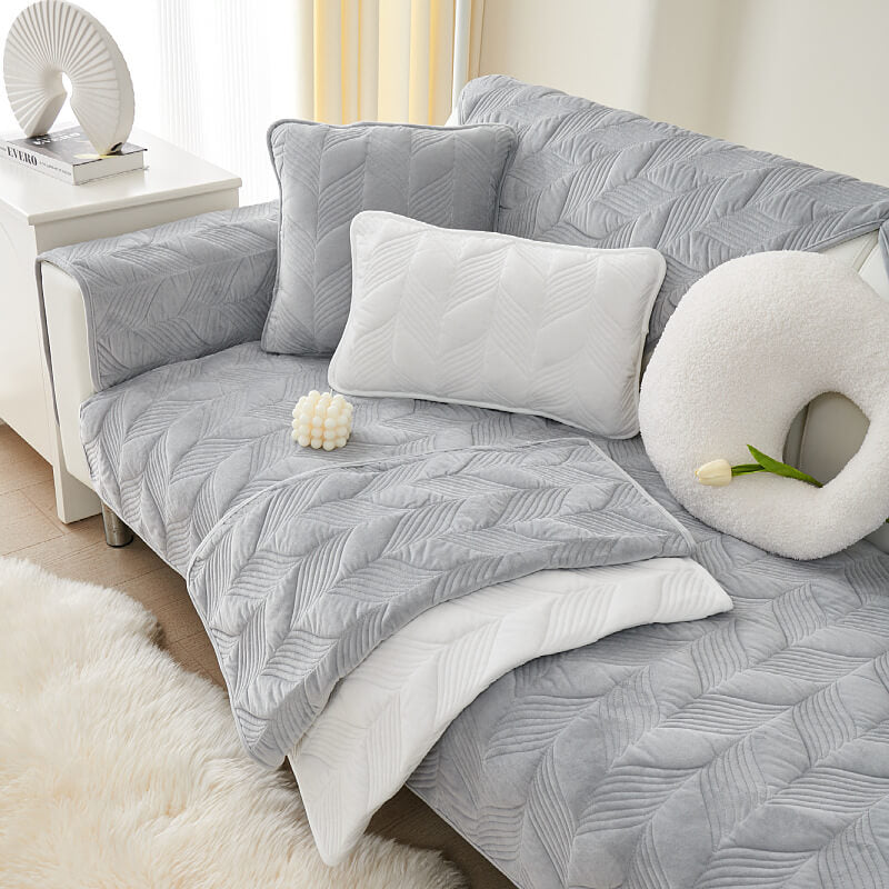 Suede Plush Elegant Pattern Sofa Protective Non-Slip Couch Cover