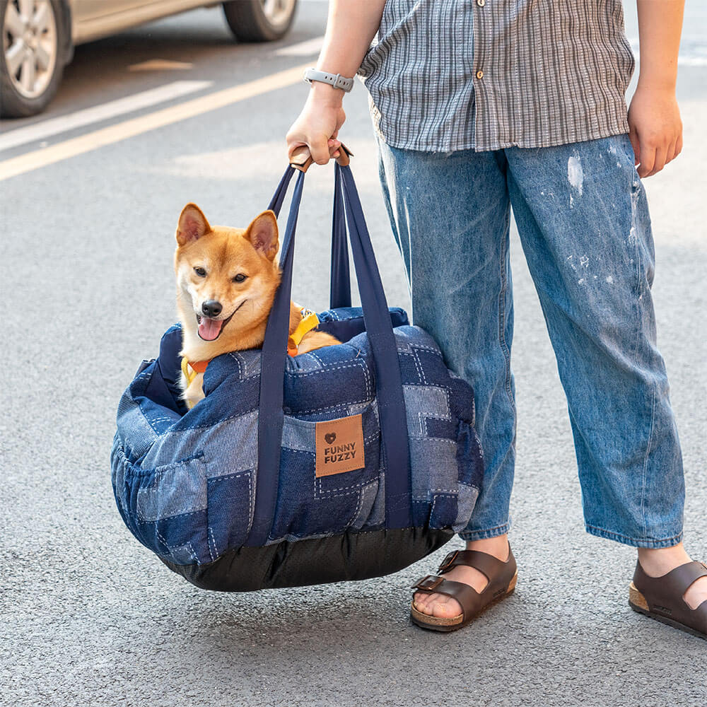 Reforço de segurança para viagens Vintage Denim Patchwork Cachorro Cama de assento de carro