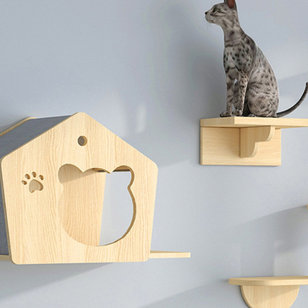 Wooden Cat Furniture Wall-Mounted Cat Climber Shelves with Condo Set