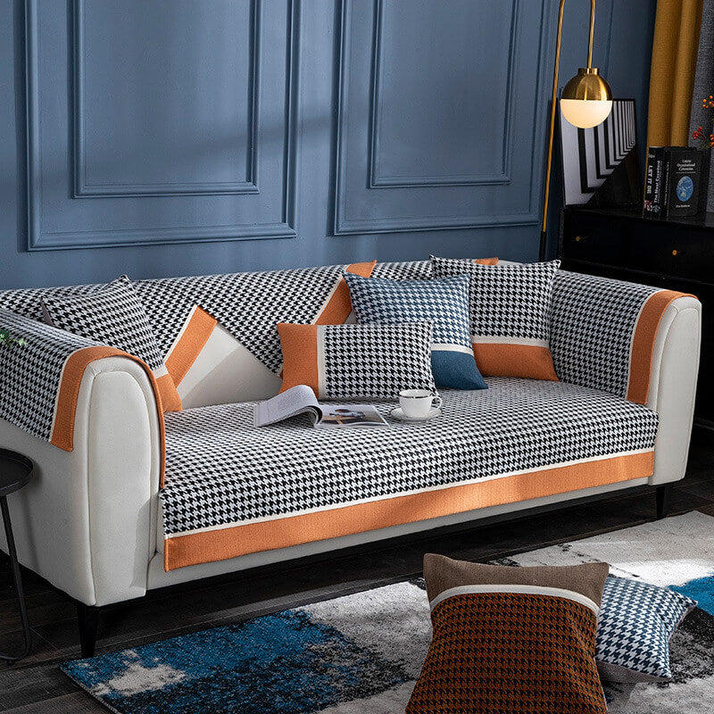 Capa de sofá antiderrapante de chenille com estampa clássica Houndstooth