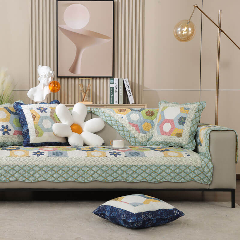 Capa de sofá antiderrapante de algodão com padrão de favo de mel estilo country