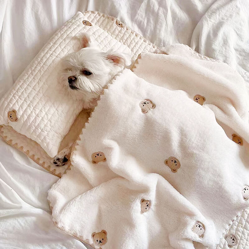 Conjunto de cama aconchegante com travesseiro de algodão bordado para animais de estimação