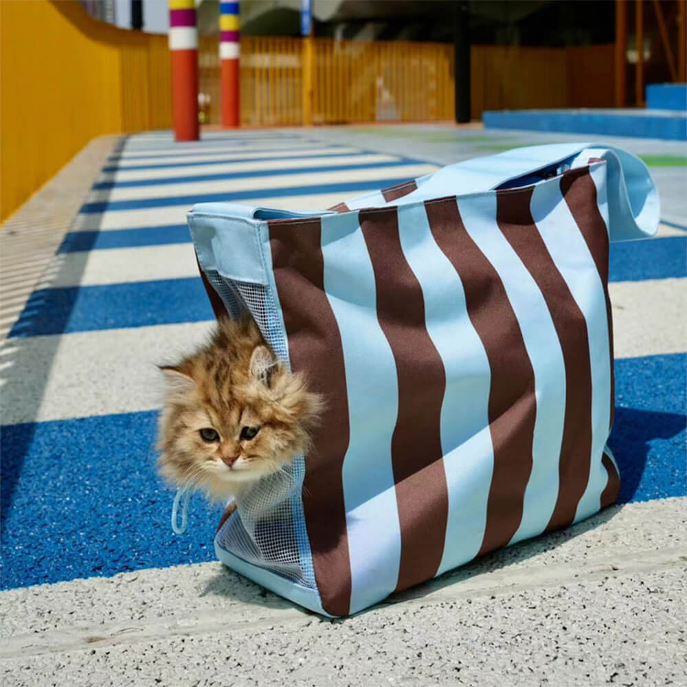 Bolsa para transporte de gatos respirável com grande espaço listrado
