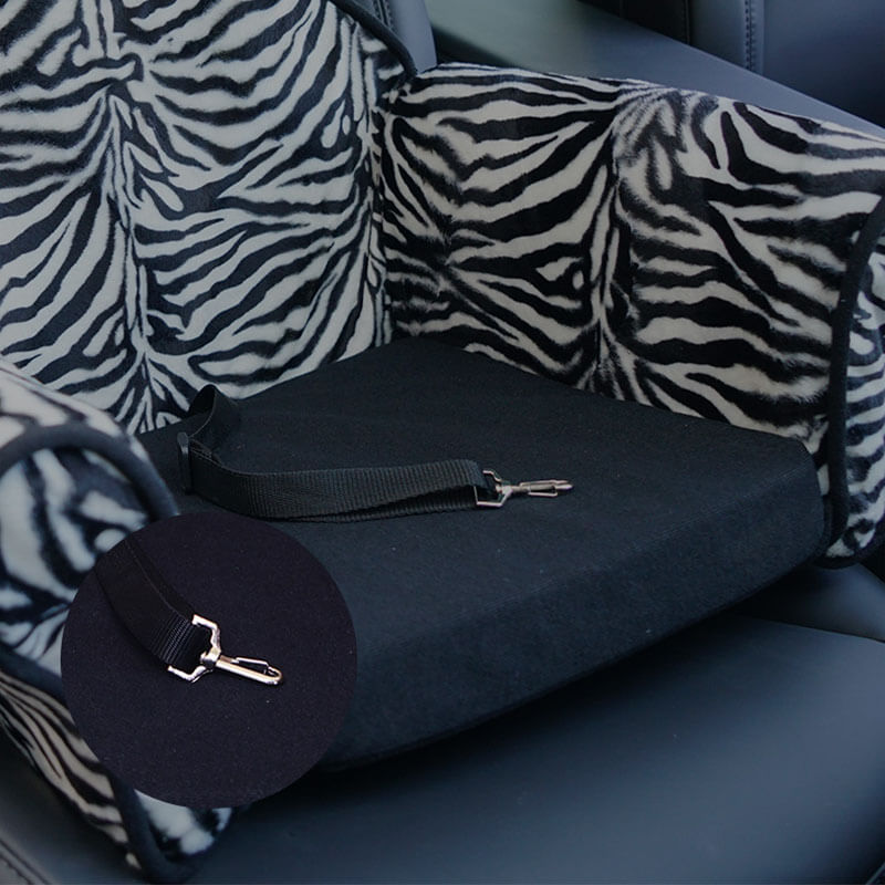 Cama de assento de carro elegante com estampa de leopardo e pelúcia para cachorro