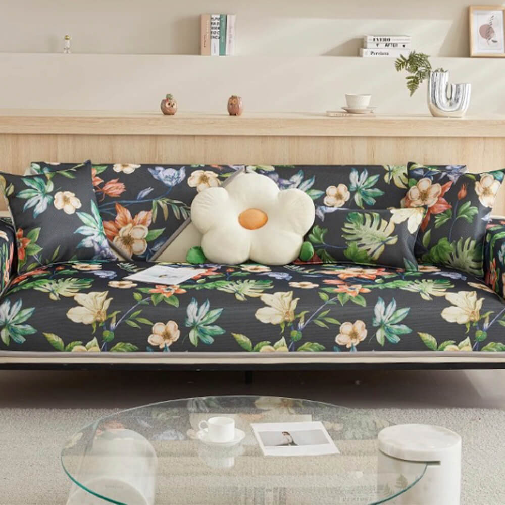 Capa de sofá seccional antiderrapante com resfriamento de folhas tropicais