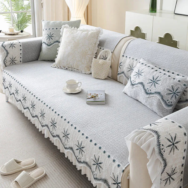 Embroidered Lace Fresh Non-Slip Couch Cover with Ruffled Trim