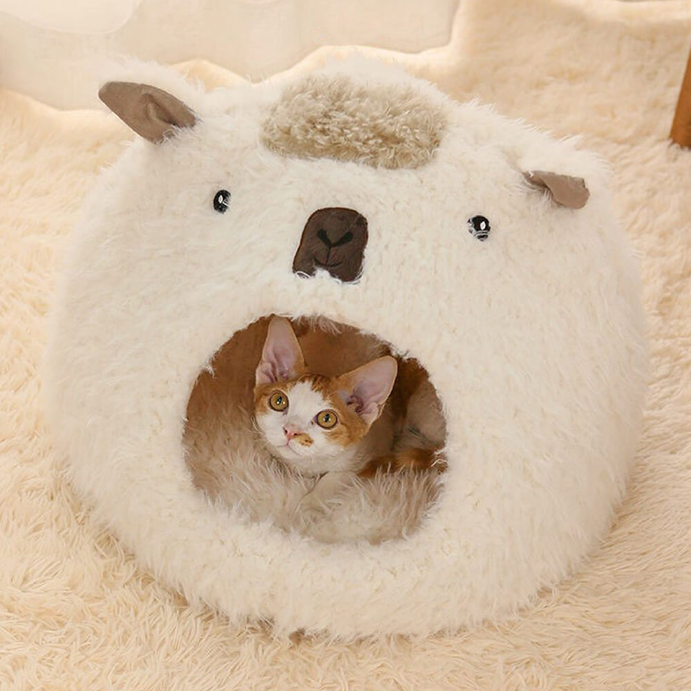 Caverna de gato semi-fechada quente de alpaca de desenho animado